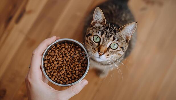 curious cat with pet food on wooden floor photo